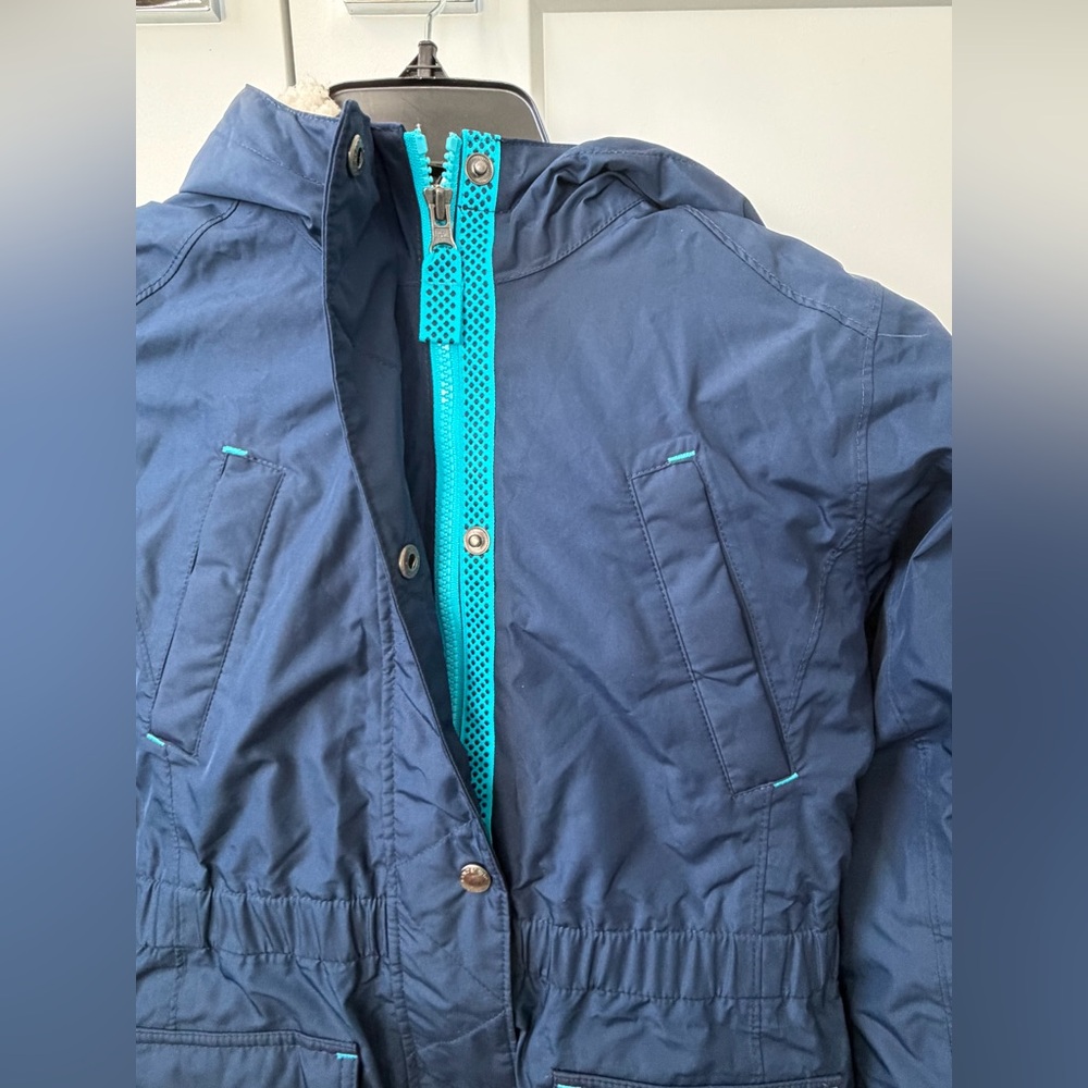 EUC Lands' End Girls Navy Sherpa Hooded Expedition Parka with Teal Trim, Size 14 - Picture 2 of 16
